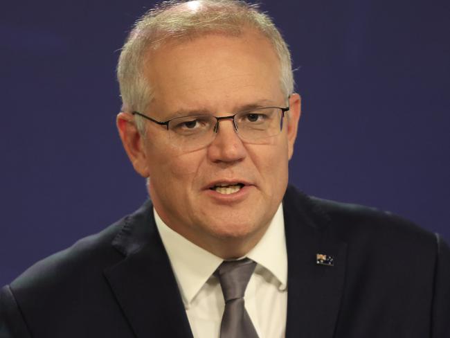 SYDNEY, AUSTRALIA - MARCH 05: Prime Minister Scott Morrison speaks during a press conference on March 05, 2021 in Sydney, Australia. Sex Discrimination Minister Kate Jenkins has been appointed to lead a review into workplace culture at Parliament House. The review comes after former Liberal staffer Brittany Higgins came forward with allegations that she was raped by a colleague in Parliament House in 2019. (Photo by Mark Evans/Getty Images)