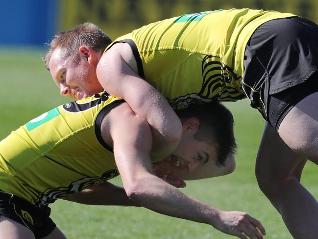 Richmond training at Punt Road Oval.  05/09/2019 .   Richmonds Jack Riewoldt  wrestles Richmonds Patrick Naish      . Pic: Michael Klein.