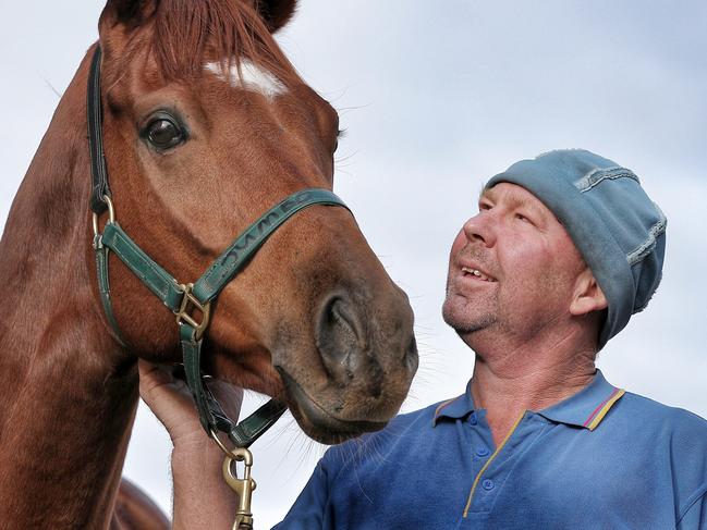 Trainer Bryce Stanaway with horse Crafty Cruiser at his Torquay training base, Melbourne. 22nd May 2015. Picture: Colleen Petch.