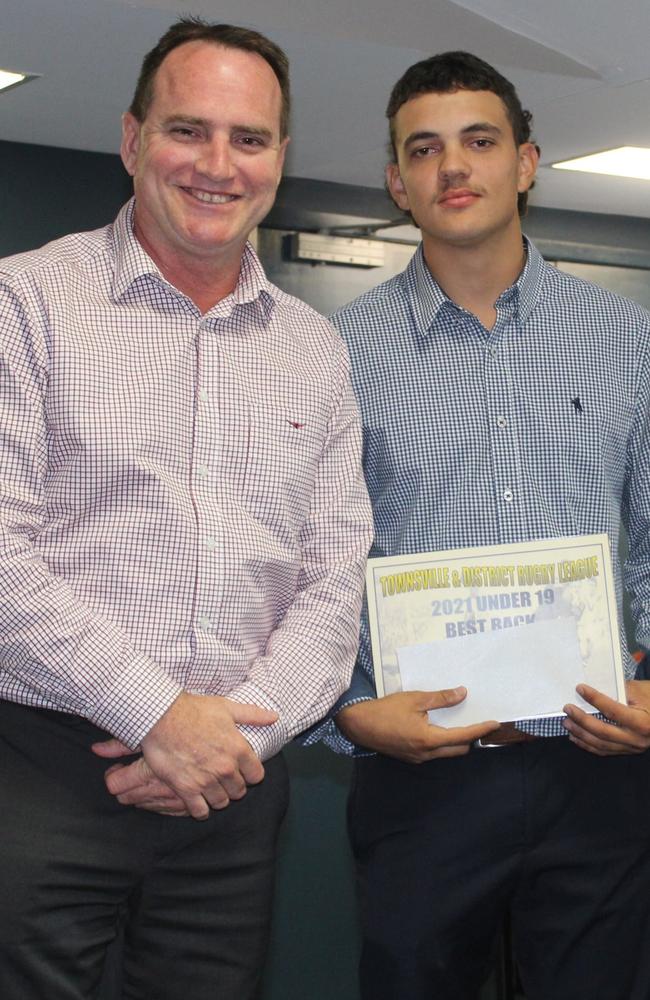 Charters Towers Under 19 Miners fullback Blake Heitmann was named the TDRL 2021 Under 19 Best Back. He's pictured with QRL northern region manager Scott Nosworthy.