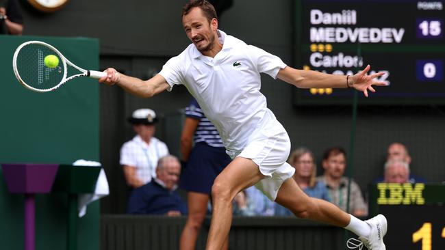 Daniil Medvedev plays a forehand against Carlos Alcaraz in the Men's Singles Semi-Final match. (Photo by Sean M. Haffey/Getty Images)