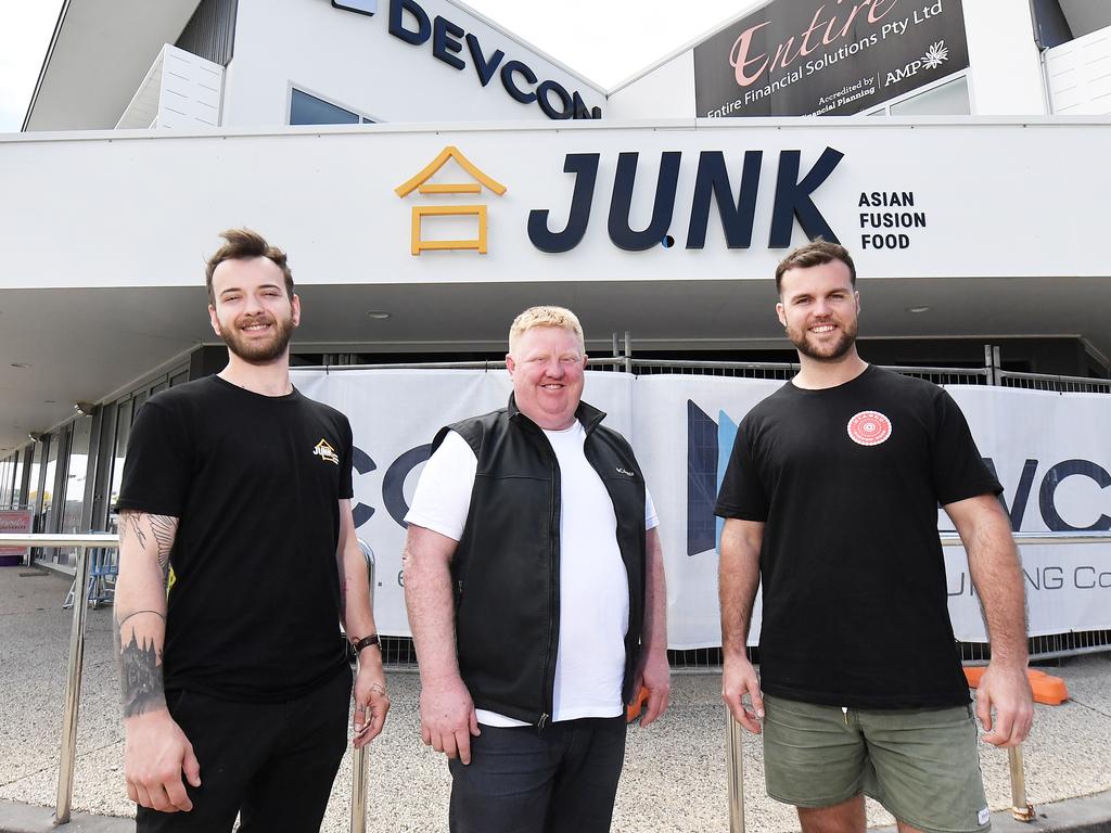 Buddina’s Junk store with head chef Lucas Doocey (now at Woodhouse BBQ), owner Scott Hoskins and restaurant manager Luke OKeefe. Picture: Patrick Woods