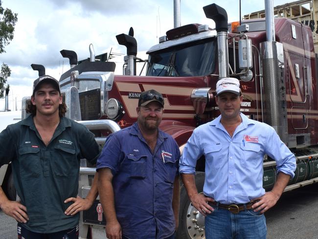 Tyrelle Ross, Paul Curtis and Alister Clarke of Gracemere Livestock Transport at the Gracemere saleyards.