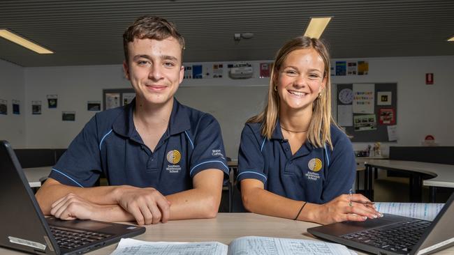 Southern Montessori School students Cem and Marnie were stoked with their NAPLAN scores. Picture: Ben Clark