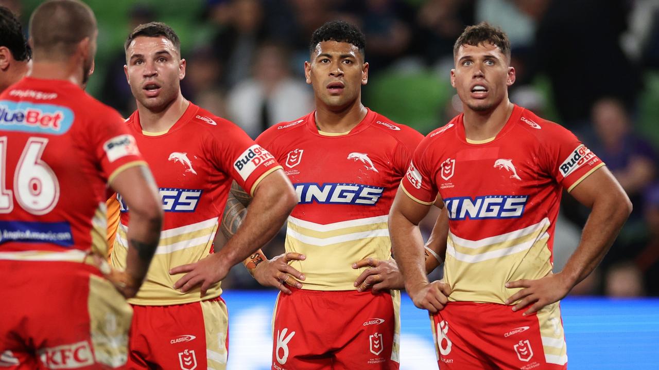 MELBOURNE, AUSTRALIA - AUGUST 24: Dolphins players look dejected during the round 25 NRL match between Melbourne Storm and Dolphins at AAMI Park, on August 24, 2024, in Melbourne, Australia. (Photo by Daniel Pockett/Getty Images)