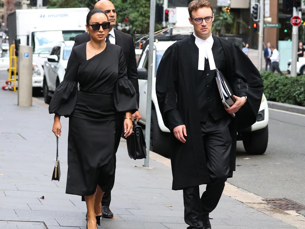 Antoinette Lattouf arriving at the Federal Court in Sydney with her barrister Philip Boncardo and her husband Danny. Picture: NewsWire/ Gaye Gerard