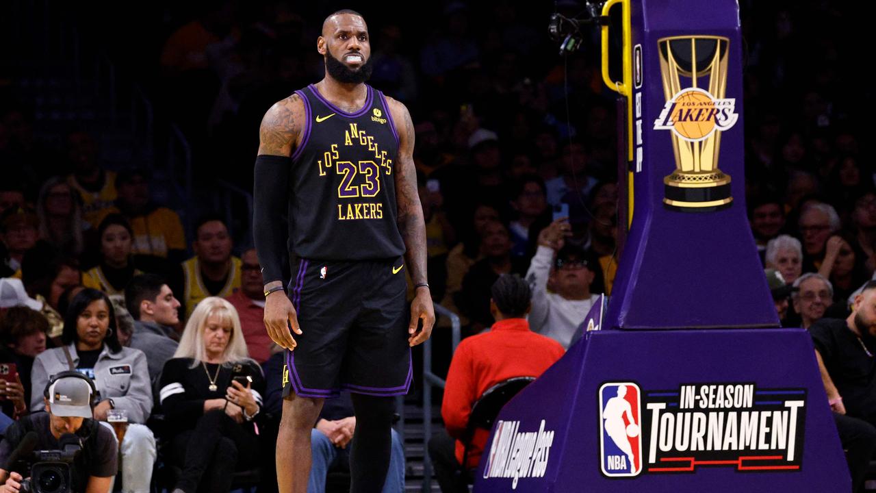 LeBron James #23 of the Los Angeles Lakers looks down court during a break in the first half against the Utah Jazz in an NBA In-Season Tournament game at Crypto.com Arena on November 21, 2023 in Los Angeles, California. (Photo by KEVORK DJANSEZIAN / GETTY IMAGES NORTH AMERICA / Getty Images via AFP)