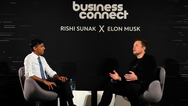 British Prime Minister Rishi Sunak attends an in-conversation event with Musk in London.