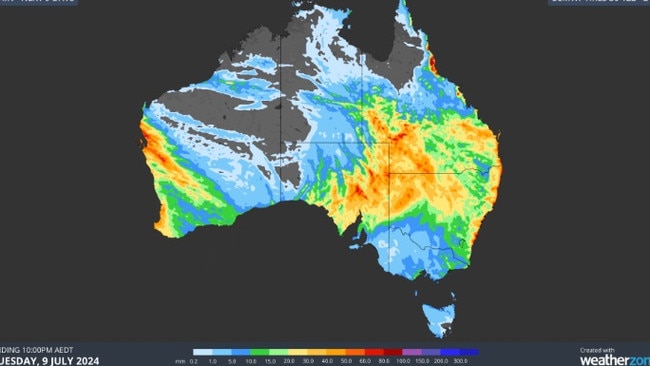 Forecast accumulated rain during the nine days ending at 10pm AEST on Tuesday, July 9. Picture: Weatherzone
