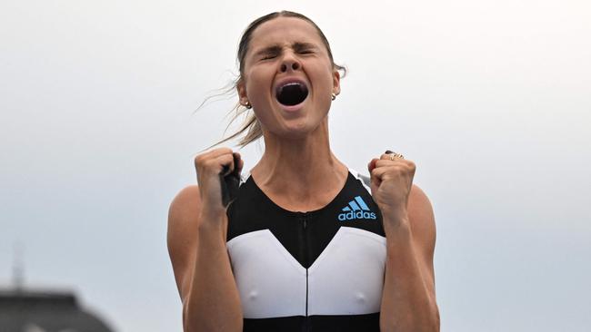 Australia's Nina Kennedy reacts as she competes in the women's pole vault final during the Diamond League athletics meeting at a city event at Zurich's iconic SechselÃ¤utenplatz on September 7, 2022. (Photo by Fabrice COFFRINI / AFP)