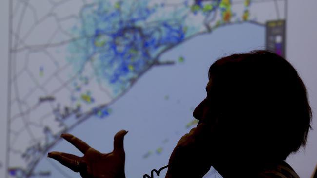 A map of the Texas Coast is projected on a screen as an emergency response co-ordinator warns of the approach of Hurricane Harvey. Picture: AP