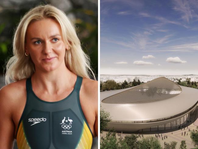 Ariarne Titmus and an artist's impression of the Brisbane Olympic pool proposal.