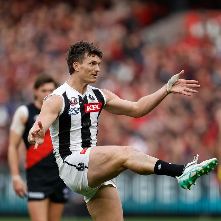 MELBOURNE, AUSTRALIA - APRIL 25: Brody Mihocek of the Magpies kicks a goal during the 2024 AFL Round 07 match between the Essendon Bombers and the Collingwood Magpies at the Melbourne Cricket Ground on April 25, 2024 in Melbourne, Australia. (Photo by Dylan Burns/AFL Photos via Getty Images)