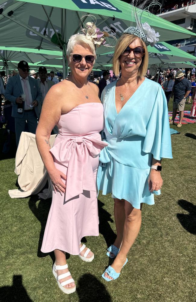 Jodie Payne and Kareen Smith at the Melbourne Cup at Flemington Racecourse on November 5, 2024. Picture: Phillippa Butt