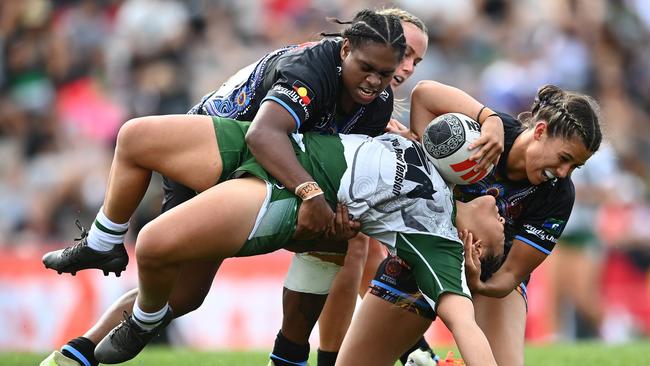 Destiny Brill of the Maori All Stars is tackled by Sareka Mooka of the Indigenous All Stars during the 2023 NRLW All Stars match. (Photo by Hannah Peters/Getty Images)