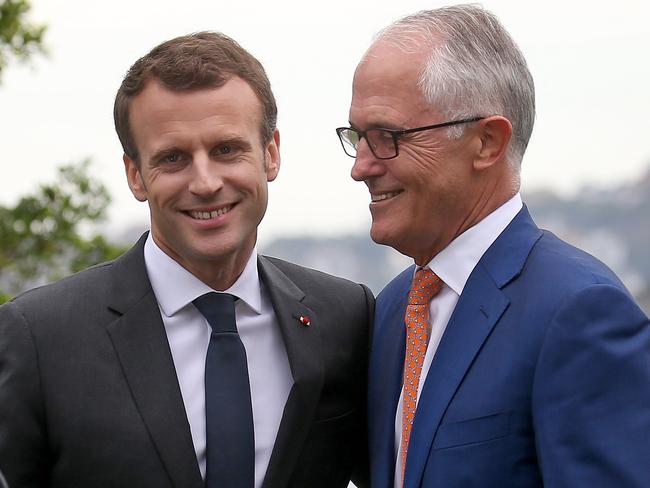 French President Emmanuel Macron enthusiastically thanked the Turnbulls at the pair’s press conference. Picture: Toby Zerna