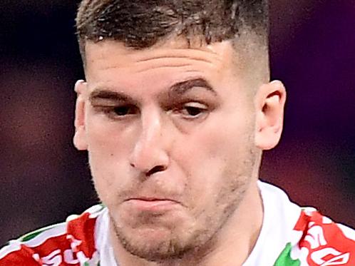 BRISBANE, AUSTRALIA - AUGUST 23: Adam Doueihi of the Rabbitohs is tackled during the round 23 NRL match between the Brisbane Broncos and the South Sydney Rabbitohs at Suncorp Stadium on August 23, 2019 in Brisbane, Australia. (Photo by Bradley Kanaris/Getty Images)