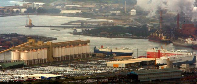 Port Kembla harbour with the grain terminal is in the foreground.