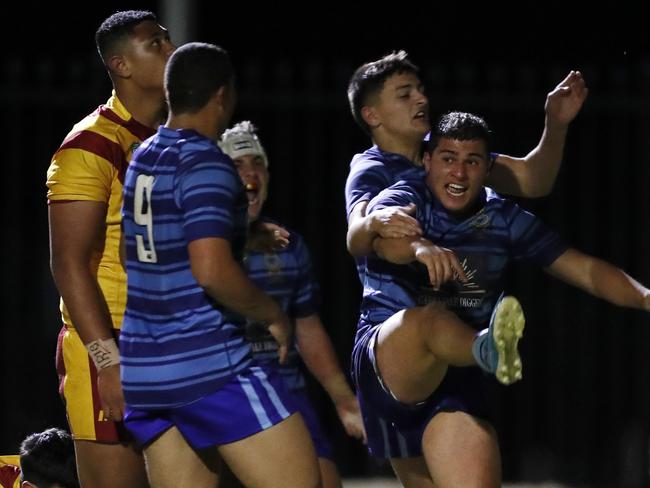 Patrician Brothers score a try to level the score at 18 allduring the NRL Schoolboy Cup game between Holy Cross College and Patrician Brothers Fairfield at Holy Cross College in Ryde. Picture: Jonathan Ng