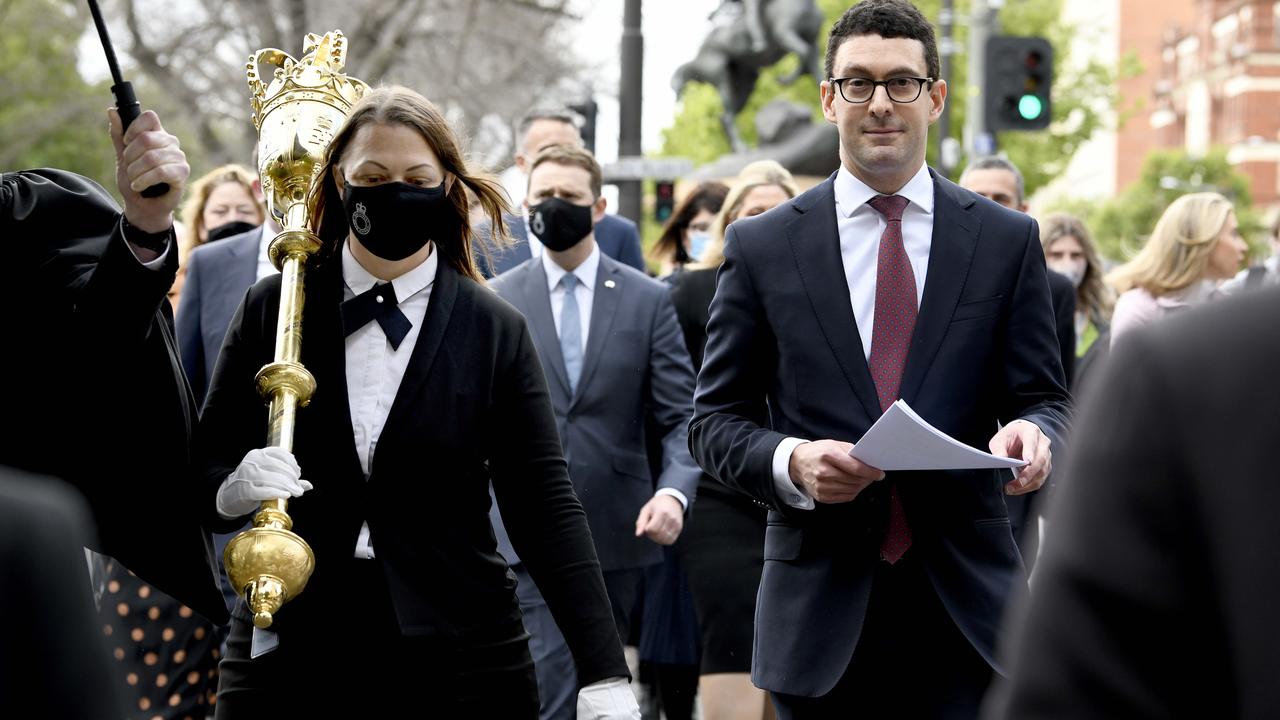 MP Dan Cregan (right) on the walk with fellow MPs back to Parliament House from Government House after his swearing in as Speaker. Picture: NCA NewsWire / Naomi Jellicoe