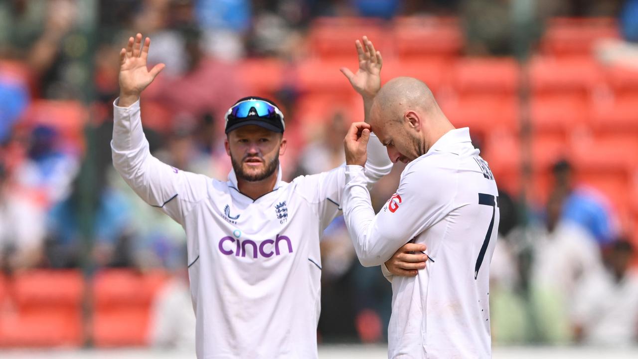 HYDERABAD, INDIA - JANUARY 26: Jack Leach and Ben Duckett of England hang their heads after an appeal is turned down.