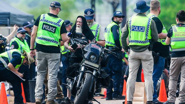 A combined law enforcement operation targeting members of the Hells Angels MC on the Stuart Highway south of Darwin. Picture: Glenn Campbell