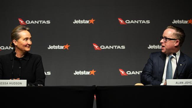 Qantas Group chief executive Alan Joyce discusses its full year results with incoming chief Vanessa Hudson. Picture: NCA NewsWire / Christian Gilles