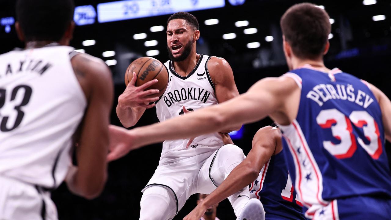 NEW YORK, NEW YORK - OCTOBER 16: Ben Simmons #10 of the Brooklyn Nets gathers a rebound during the first quarter of the preseason game against the Philadelphia 76ers at Barclays Center on October 16, 2023 in New York City. NOTE TO USER: User expressly acknowledges and agrees that, by downloading and or using this photograph, User is consenting to the terms and conditions of the Getty Images License Agreement. Dustin Satloff/Getty Images/AFP (Photo by Dustin Satloff / GETTY IMAGES NORTH AMERICA / Getty Images via AFP)