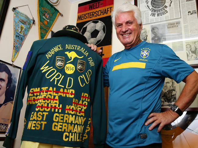 Rale Rasic pictured with suit worn by Jim Scane who was the Socceroos team mascot. Rale Rasic was the first coach to lead the Socceroos to a World Cup in 1974, he and Brazilian Mario Zagalo are the only two surviving coaches from that World Cup.