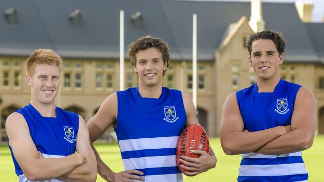 St Peter’s College First XVIII football team had the perfect preparation to the Sports Association Adelaide Schools (SAAS) 2021 Football Premiership season, beating Melbourne Grammar and Ivanhoe Grammar. Players (L-R) Matty Roberts, Morgan Ferres and Felix Packer. Picture: Roy VanDerVegt