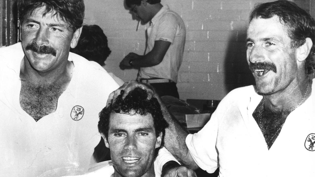 Cricketers (L-R) Rod Marsh, Greg Chappell and Dennis Lillee relax in the locker room, Australia v Pakistan test at the SCG in Sydney, 03/01/84. Pic Ray Titus.