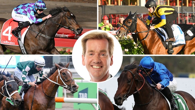 Racenet's Ray Thomas (inset) breaks down a fascinating 2024 Cox Plate featuring superstars (clockwise, from top left) Pride Of Jenni, Prognosis, Broadsiding and Via Sistina.