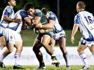 At least one Jets player didn’t get away during the match against the Sunshine Coast Sea Eagles on Saturday night. Picture: Sarah Harvey