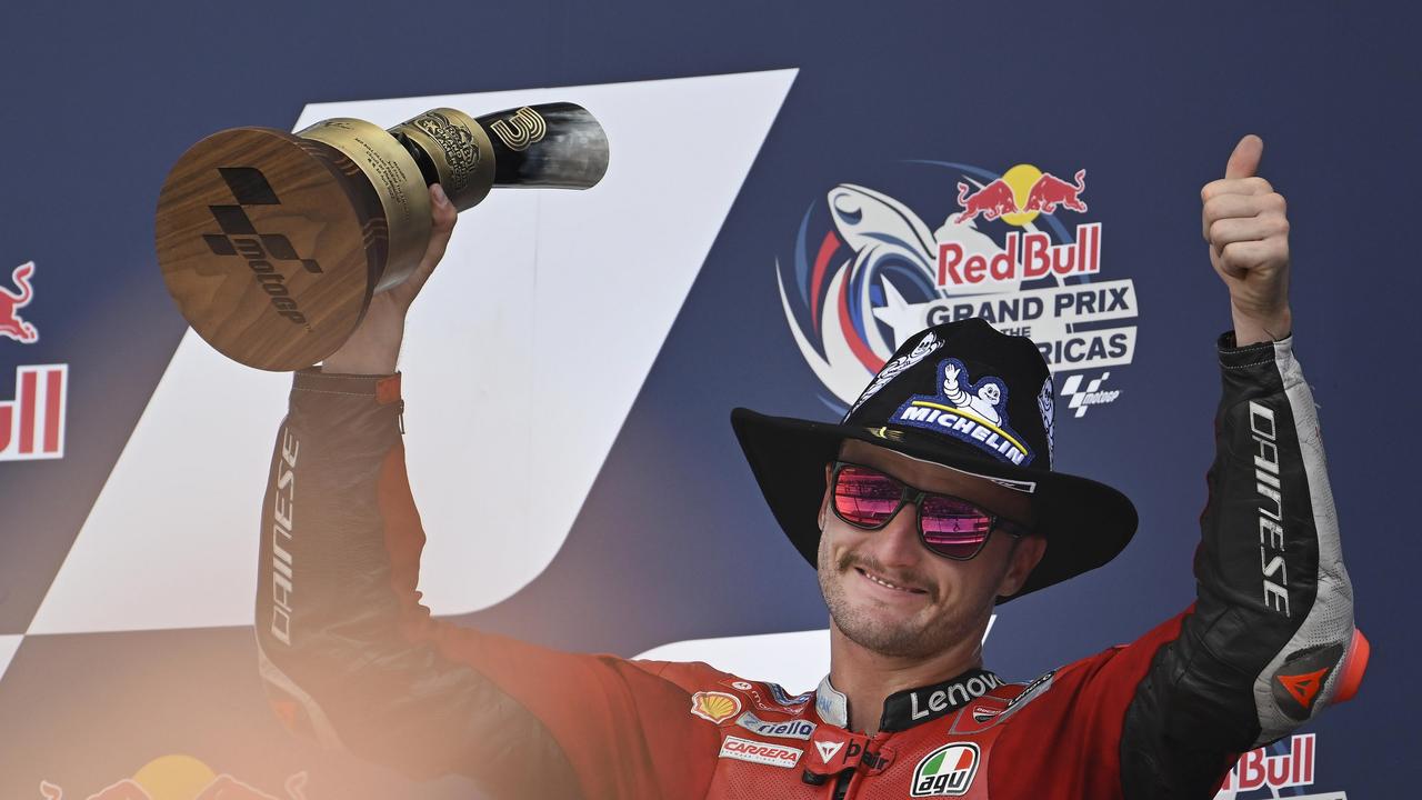 AUSTIN, TEXAS - APRIL 10: Jack Miller of Australia and Ducati Lenovo Team celebrates the third place on the podium during the MotoGP race during the MotoGP Of The Americas - Race on April 10, 2022 in Austin, Texas. (Photo by Mirco Lazzari gp/Getty Images)
