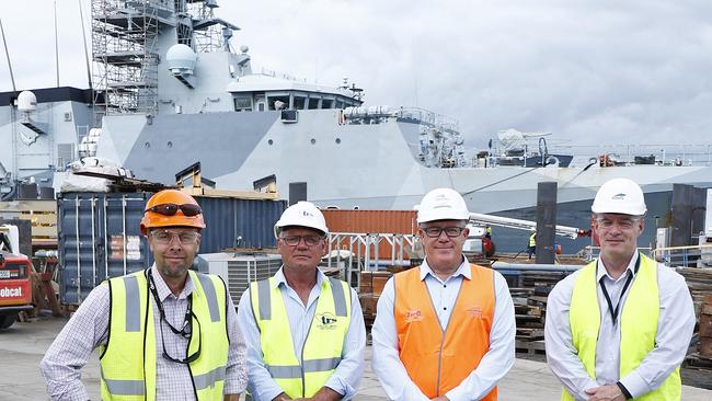 The Queensland Government announced an additional $30 million in funding for the Cairns Marine Precinct, on top of the $150 million already committed. Norship CEO Olav Groot, Tropical Reef Shipyard managing director Robert Downing, Austal general manager Phil Growden and Norsta general manager Colin Ford at the Tropical Reef Shipyard. Picture: Brendan Radke