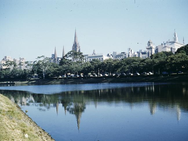 A colour photo from 1954 of the Yarra River — which has a blue-green tinge and looks very different from the brown murky river we know today. Picture: State Library of Victoria.