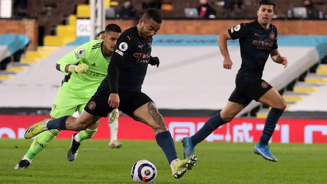 Manchester City striker Gabriel Jesus scores his team's second goal against Fulham at Craven Cottage