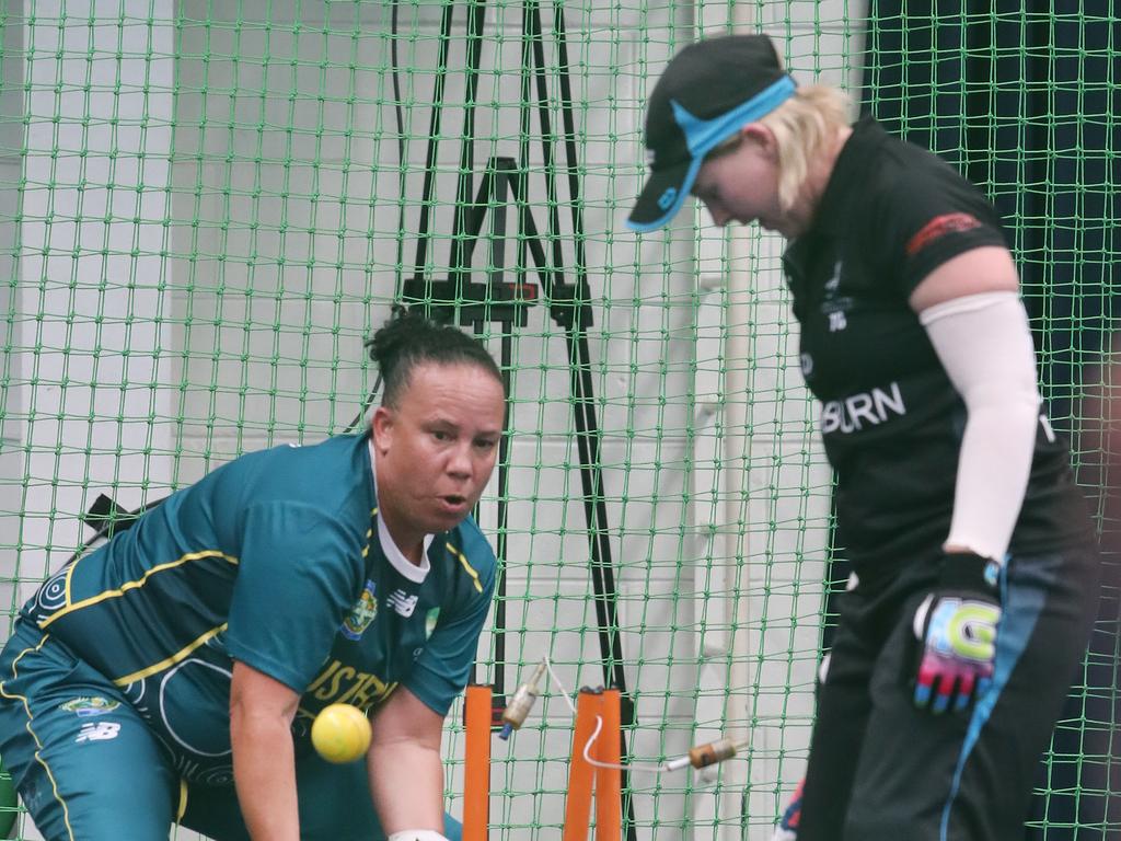 The Trans Tasman trophy for indoor cricket is being played on the Gold Coast at Ashmore. Australia v New Zealand Womens 30s . Aussie Mel Jecks watches the ball career into the stumps after Kiwi Mel Driescher made her ground. Picture Glenn Hampson