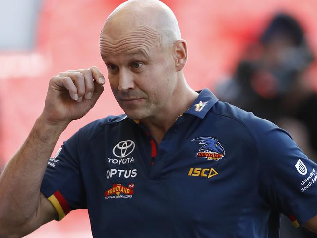 GOLD COAST, AUSTRALIA - AUGUST 01: Matthew Nicks, coach of the Crows,  the round nine AFL match between North Melbourne Kangaroos and the Adelaide Crows at Metricon Stadium on August 01, 2020 in Gold Coast, Australia. (Photo by Ryan Pierse/Getty Images)