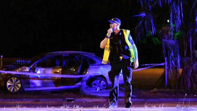 Emergency services on scene at a fatal crash on Ross River Road, Kirwan. Picture: Alix Sweeney