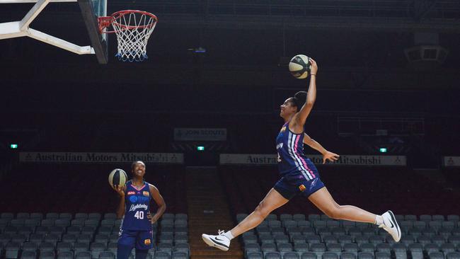 Adelaide Lightning imports Kayla Alexander, right, and Nia Coffey. Picture: AAP Image/ Brenton Edwards