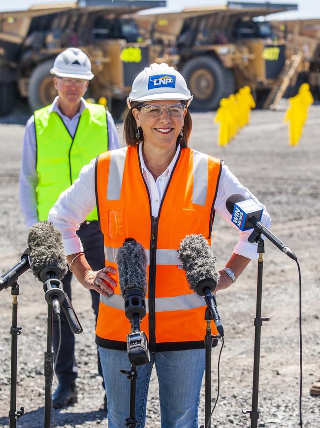 LNP leader Deb Frecklington at New Hope Group Acland Coal Mine north of Oakey with LNP deputy Tim Mander on Monday. Picture: David Martinelli