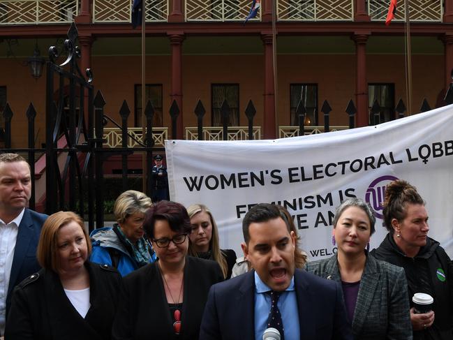 NSW Independent MP Alex Greenwich addresses pro-choice advocates and supporters of the Reproductive Health Care Reform Bill. Picture: AAP