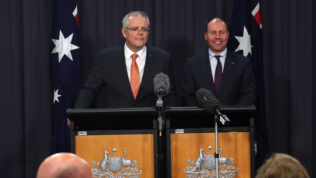 PM Scott Morrison with Treasurer Josh Frydenberg. The Coalition’s usual advantage with the economy is on shaky ground. Picture Gary Ramage