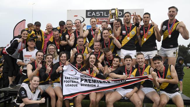 Mitcham players celebrate after winning the EFL Division2 Grand Fina between Mitcham and Ringwood in East Burwood, Sunday, Sept. 15, 2019. Picture: Andy Brownbill