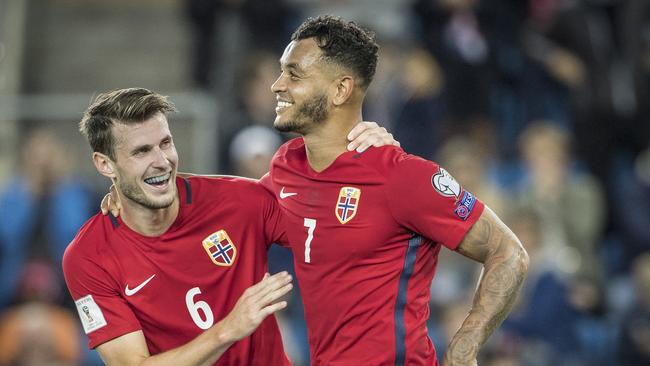 Josh King, Haavard Nordtveit of Norway celebrates.