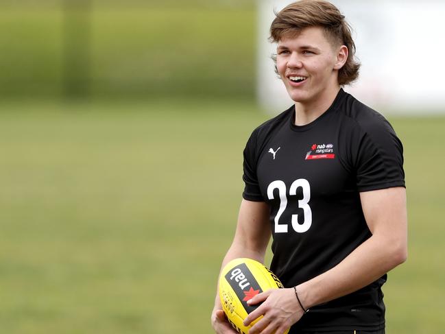 Cooper Hamilton of Vic Country looks on during the 2021 NAB AFL Draft Victoria Training Day at Trevor Barker Oval. Picture: Dylan Burns