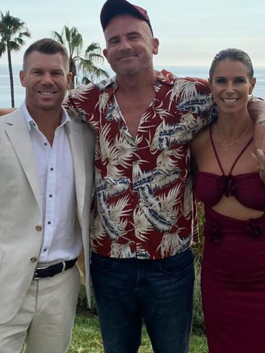 Aussie cricketer Dave Warner and his wife Candy Warner pictured with the groom and long-time friend Dominic Purcell. Picture: Instagram