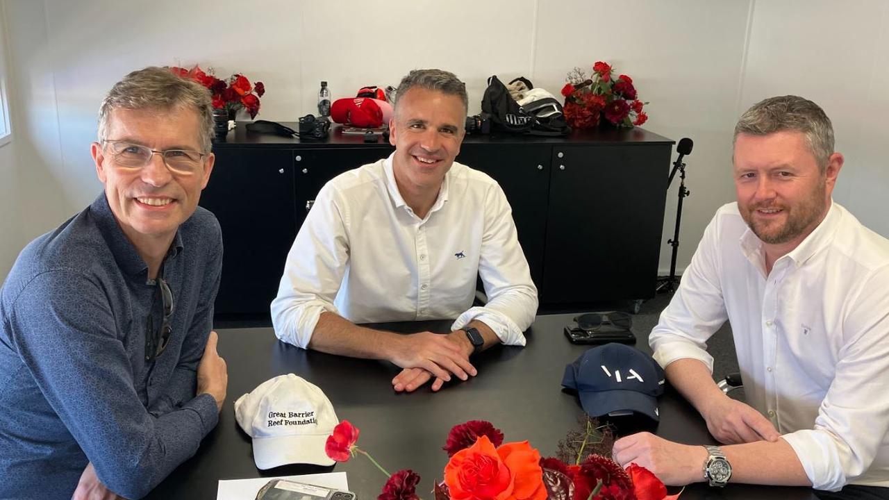 University of Adelaide vice-chancellor and president Professor Peter Hoj (left), Premier Peter Malinauskas and University of South Australia vice-chancellor and president Professor David Lloyd meet in a room at South Australia Suite, VALO Adelaide 500, on November 26, 2022. Picture: Paul Starick