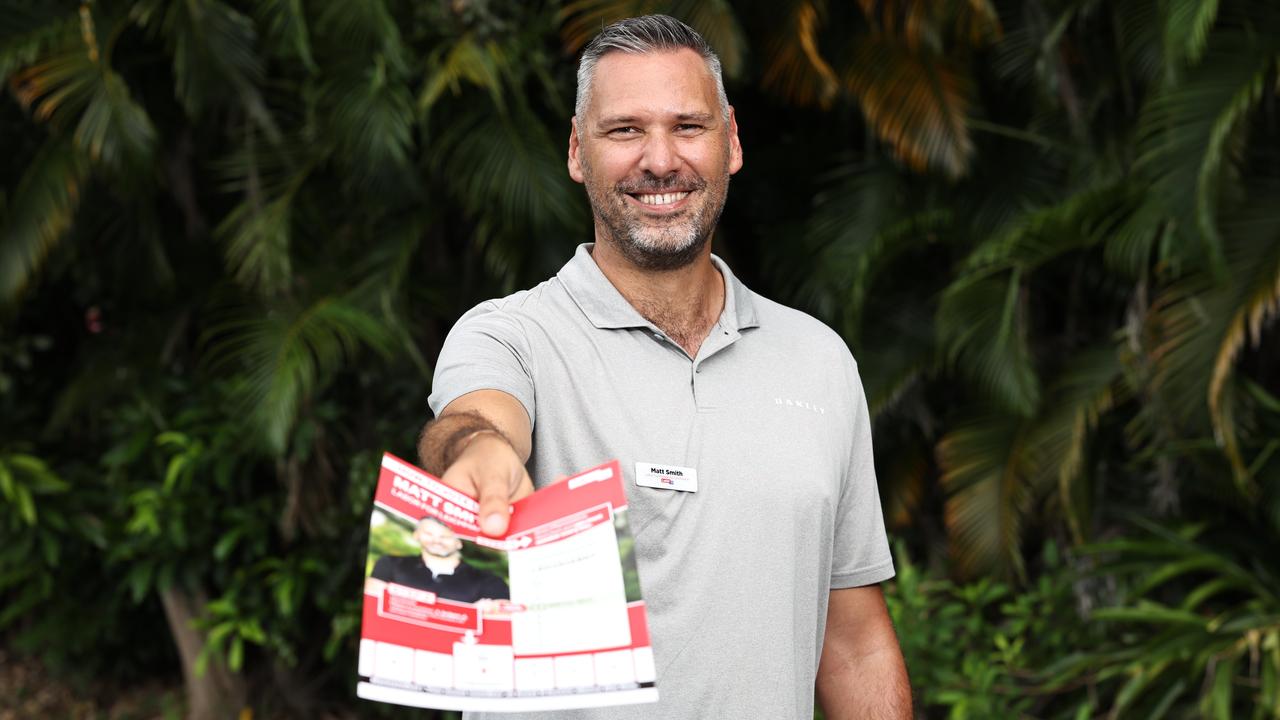 Labor candidate for the federal seat of Leichhardt, Matt Smith hands out how to vote cards ahead of the federal election. Picture: Brendan RadkePicture: Brendan Radke